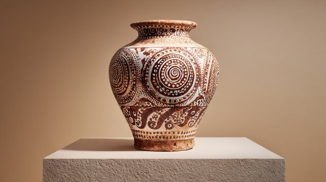 amphora. A restored ceramic amphora on a stone pedestal, painted with intricate spiral and octopus tentacle patterns. event programs.