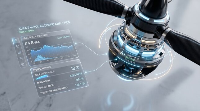 Propeller motor unit for an electric aerial vehicle features an integrated digital dashboard that presents acoustic analysis, thrust metrics, and performance analytics for drone engineering testing.