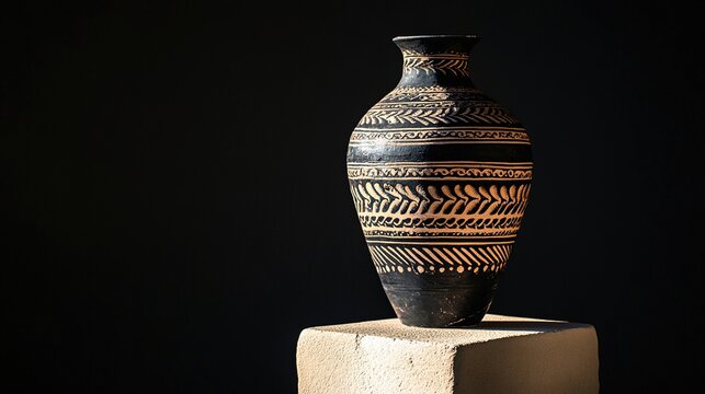 amphora. A restored ceramic amphora on a stone pedestal, painted with intricate spiral and octopus tentacle patterns. event programs.
