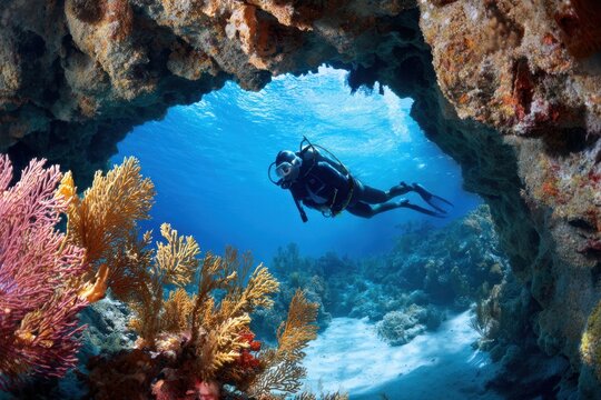 Diver exploring vibrant coral reef inside underwater cave at tropical destination