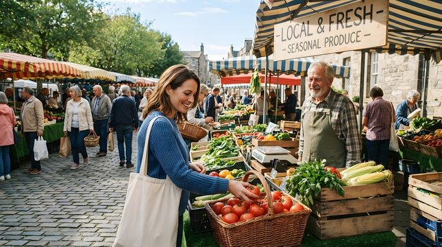 Smiling woman buying fresh red tomatoes at outdoor local farmers market