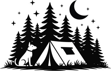 Obraz premium Camping scene with a dog, tent, pine trees, and moon