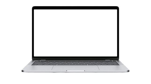 Modern silver laptop with blank white screen, isolated on transparent background