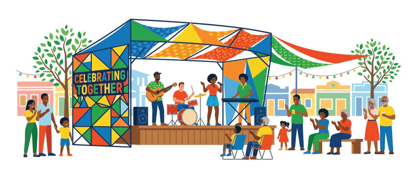 Community Outdoor Music Festival Celebration with Live Band and Diverse People
