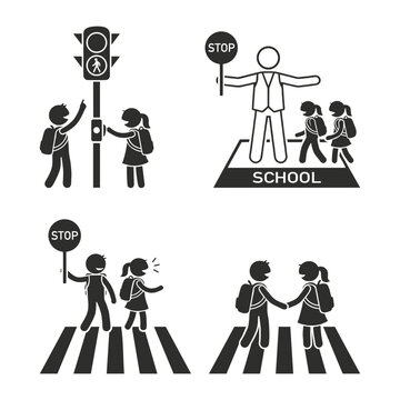 School Road Safety Icon Set Crossing Street Pedestrian Light Crossing Guard Black White Vector