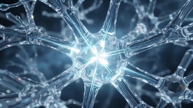 Detailed microscopic representation of a glowing neural network with interconnected synapse pathways representing artificial intelligence and biological brain activity
