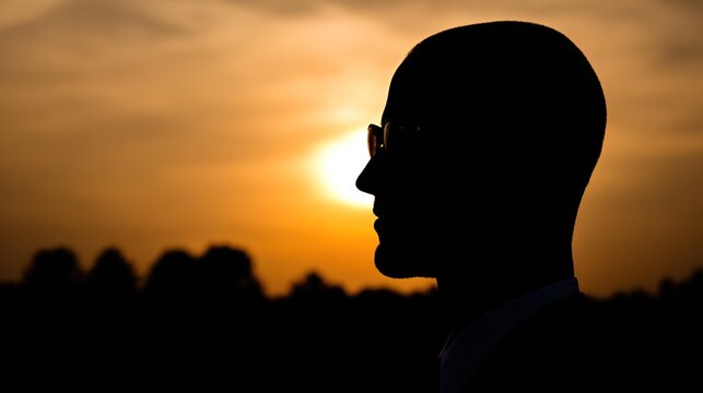 backlighting. Business professional standing against a sunset sky, embodying confidence and ambition. inspiring travel planning.