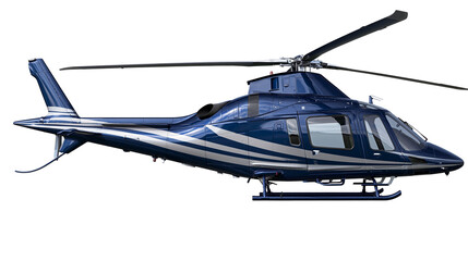 Sleek dark blue helicopter with silver stripes, isolated on transparent background © Piotr