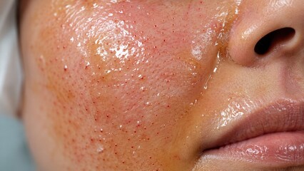 Naklejka premium Close up of human face with oily skin and dark open pores on cheek and upper lip area