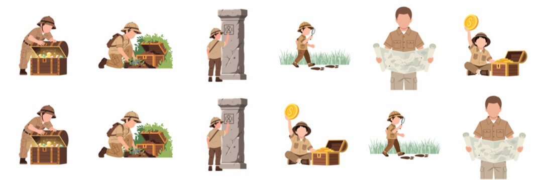 Cartoon boy explorer set, little adventurer character finding treasure chests, reading maps, and tracking footprints for treasure hunt adventure