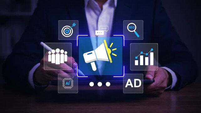 Marketing strategy and digital advertising concept. businessman using tablet with icons of SEO, AI, targeting, and analytics for optimizing campaign performance and increasing customer engagement
