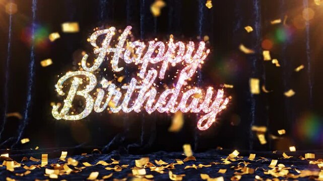 Holographic Gold Happy Birthday Script Color Shifting Gently in Centered Composition with Prismatic Warm Light