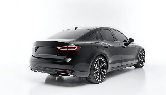 Modern black sedan car driving on empty road.