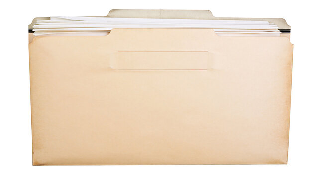 Manila file folder with papers and tabs, isolated on transparent background