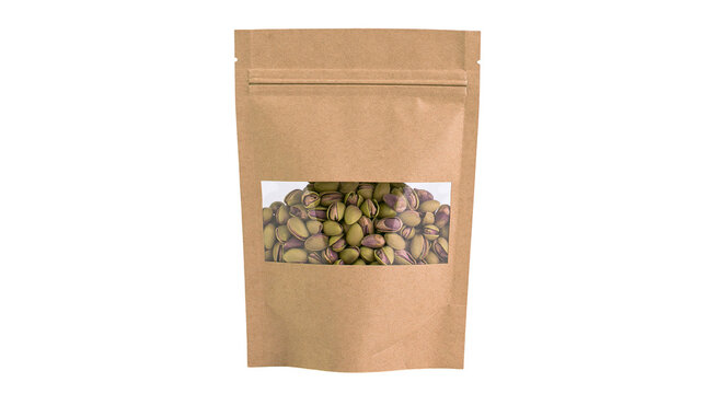 Brown kraft paper pouch bag filled with green pistachios, isolated on transparent background