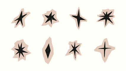 Hand drawn crayon stars in beige paper. Cute sparkle icons for kids party designs, Christmas cards, scrapbooking, birthday backgrounds, festive sticker collections. Doodle isolated vector illustration © Ellen7