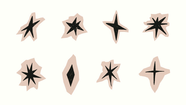 Hand drawn crayon stars in beige paper. Cute sparkle icons for kids party designs, Christmas cards, scrapbooking, birthday backgrounds, festive sticker collections. Doodle isolated vector illustration