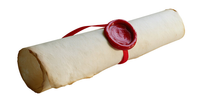 Rolled parchment scroll sealed with red wax and ribbon, isolated on transparent background