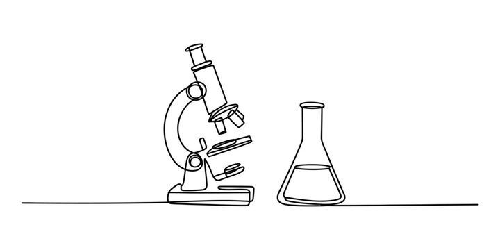 Microscope and laboratory flask drawn with one continuous black line art