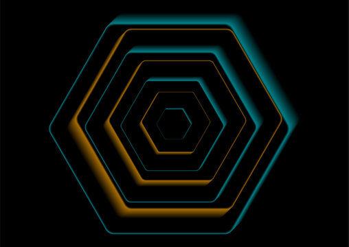 Orange and blue hexagons abstract technology geometric background. Dark minimal vector design