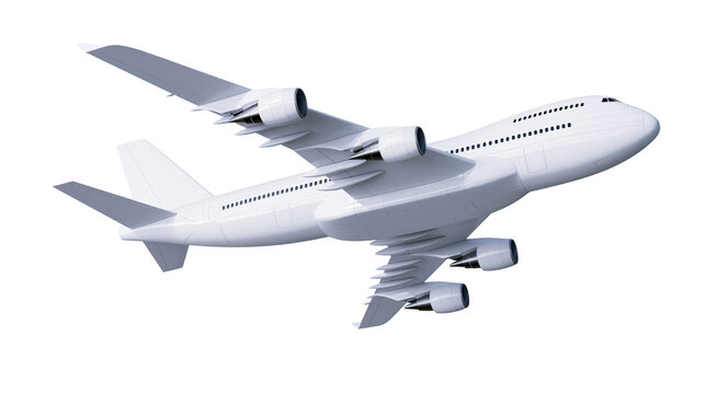 White jumbo jet airplane with four engines, isolated on transparent background