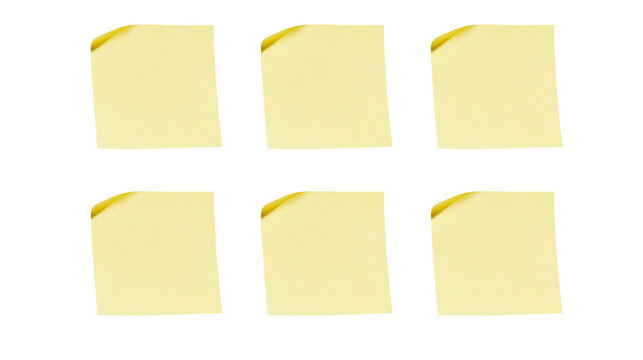 Six yellow sticky notes with curled corners, isolated on transparent background