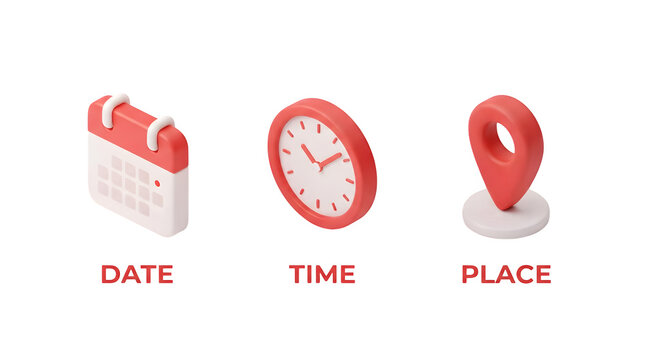 Red calendar clock and map location pins rendered as 3D icons isolated on transparent background