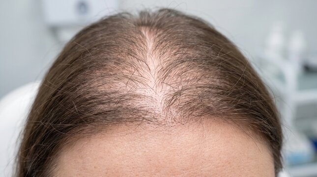 Realistic Clinical Close Up of Telogen Effluvium with Diffuse Scalp Hair Thinning Medical Image