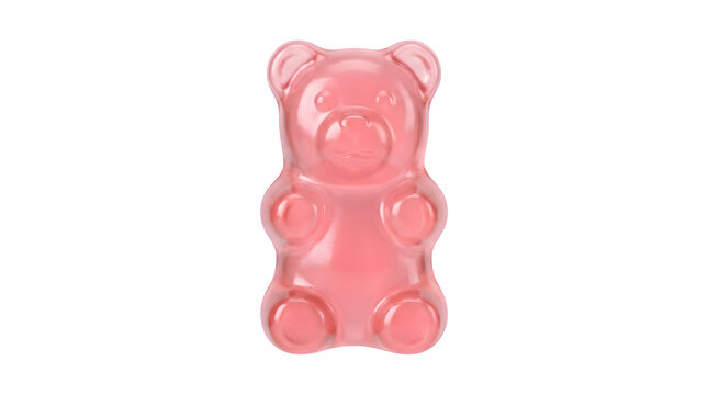 Vibrant pink translucent gummy bear candy shaped like a cute little animal on transparent background