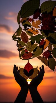 Woman profile silhouette leaves composition