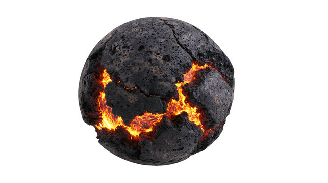 Cracked volcanic rock sphere with glowing lava inside, isolated on transparent background