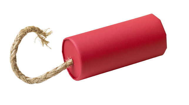 Red dynamite stick with frayed rope fuse, isolated on transparent background