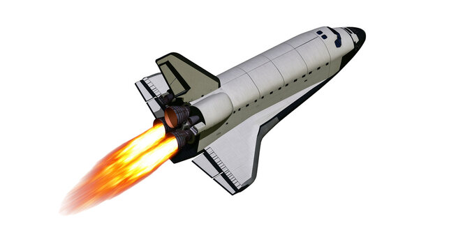 Space shuttle launching with bright orange flames, isolated on transparent background