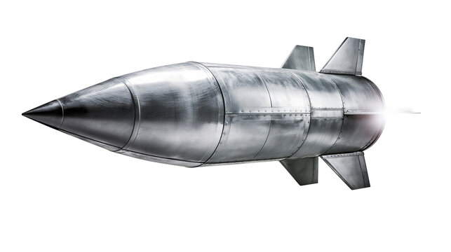 Metallic rocket missile with fins and exhaust trail, isolated on transparent background