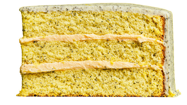 Lemon poppy seed cake slice with creamy frosting, isolated on transparent background