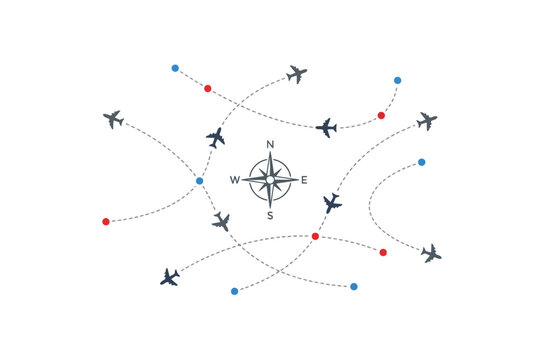 Airplane flight paths and compass icon on white background
