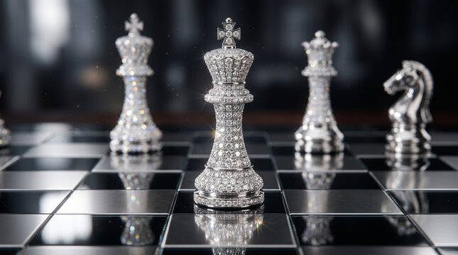 Diamond embedded king chess piece standing on glossy board