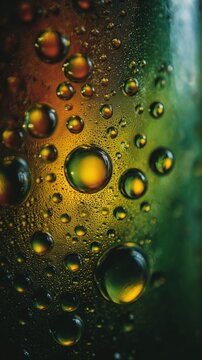 Water drop on colorful glass surface. Condensation creates vibrant, textured background with gradient hues of green, yellow, and orange light refraction