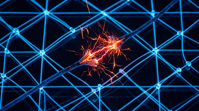 Snapped Electrical Cable Sparking Orange Light over Blue Fiber Optic Grid, Concept of Network Vulnerability and Data Breach
