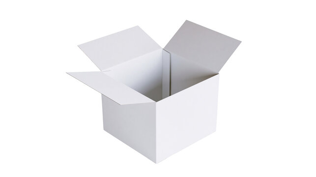 Open white cardboard box with flaps, isolated on transparent background