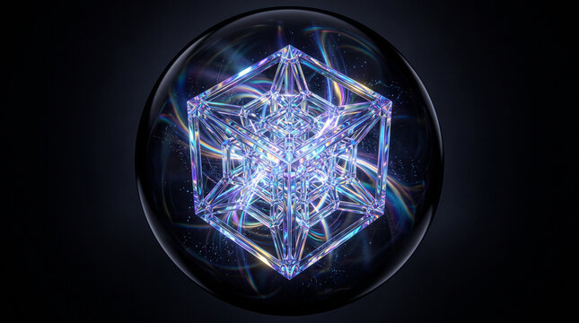 3D Iridescent Glass Tesseract Hypercube inside Spherical Globe, Concept of Post Quantum Cryptography and Data Encryption
