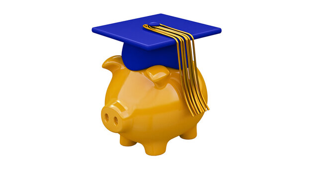 Yellow piggy bank wearing a blue graduation cap with gold tassel, isolated on transparent background