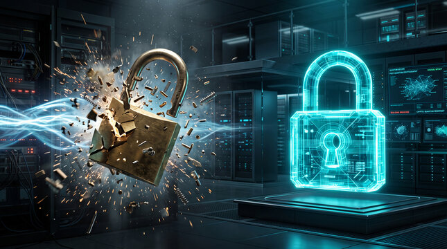 Shattering Brass Padlock Next to Intact Holographic Cyan Padlock in Data Center, Concept of Post Quantum Decryption Risk
