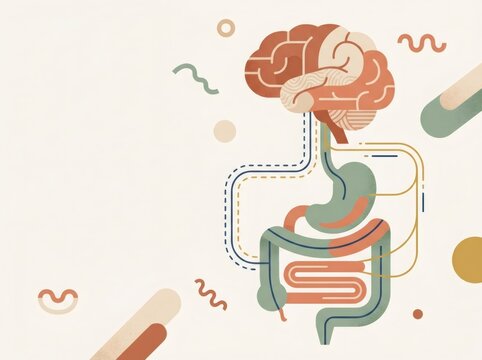 Brain and digestive system illustration showing the gut brain axis connection. Biological diagram of human anatomy for medical research. Educational vector graphics for science and healthcare.