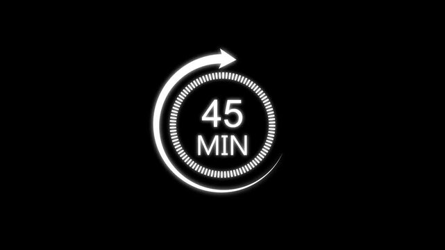 45 minute timer circle icon with rotating arrow isolated on dark background motion graphic.