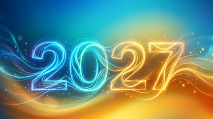 Fototapeta premium 2027 New Year glowing text background. Abstract wave lines with vibrant gradient design.