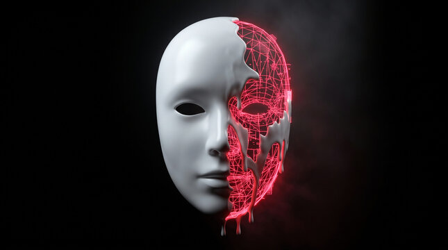 3D Render of White Porcelain Face Mask Melting to Reveal Glowing Red Digital Wireframe, Deepfake Identity Fraud Concept
