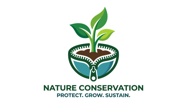 Green nature conservation logo design template featuring growing plant sprouting from a zipped purse symbolizing ecological protection