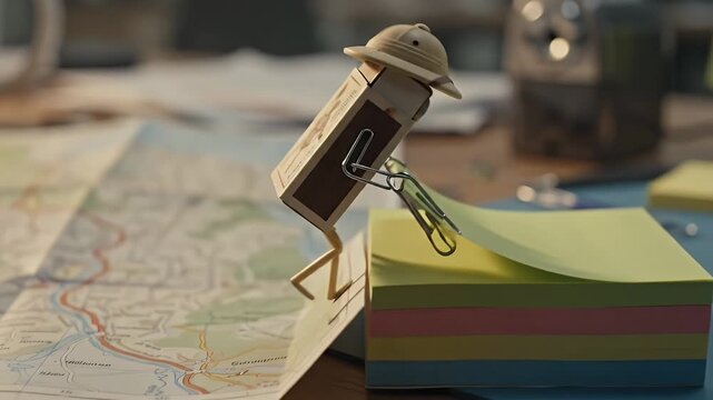 Creative Stop-Motion Animation of a Tiny Robot Character Walking on a Messy Desk with Office Supplies and Money