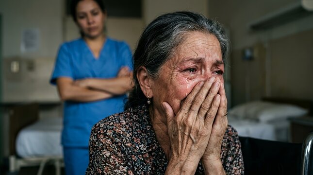 Crying senior woman in hospital. Distressed elderly patient feeling grief and sadness.